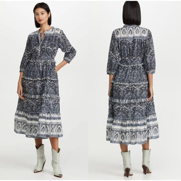 EUC Cleobella Dalia Midi Dress Blue Gray Rishi Block Print Boho Cotton Small (S) - Picture 1 of 16